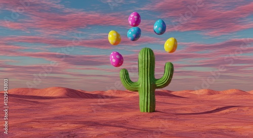 A playful desert scene with a stretchy, rubbery cactus wearing sunglasses, juggling squiggly Easter eggs that morph into stars under a loopy purple sky