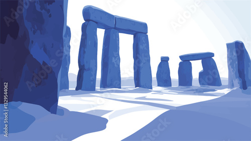 Digital painting depicting a landscape of large, blue-hued stone structures resembling megaliths, set against a background of a snow-covered plain. The color palette is primarily blue and white,