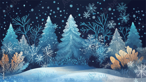 Digital illustration depicting a winter forest scene at night.  The color palette is dominated by cool blues and whites.  The image features several stylized pine trees covered in what appears to