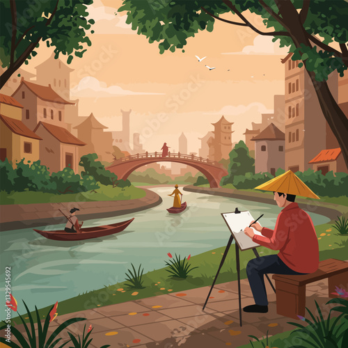 Artist Painting Canal Scene with Bridge and Boats in Calm City