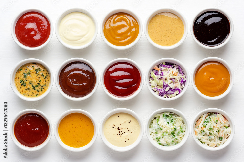 Set of different dip sauces top view. Bowls of many dipping sauces and condiments isolated on white background. ketchup, bbq sauce, ranch, mustard, coleslaw, mayonnaise, coleslaw. Different sauces set Set of different dip sauces top view. Bowls of many dipping sauces and condiments isolated on white background. ketchup, bbq sauce, ranch, mustard, coleslaw, mayonnaise, coleslaw. Different sauces set