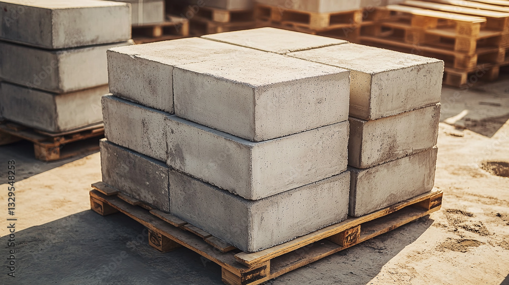 Large concrete blocks sit on wooden pallets, ready for use in a construction project, showcasing the raw materials of building Large concrete blocks sit on wooden pallets, ready for use in a construction project, showcasing the raw materials of building