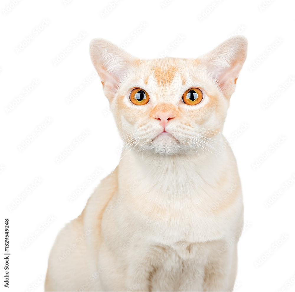 Obraz premium Sad domestic cat isolated. Burmese cream cat upset and sad.