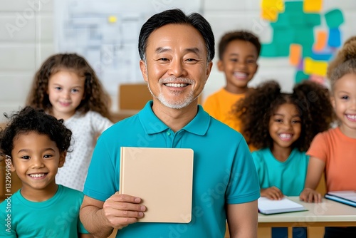 Knowledgeable middle age Asian man teacher in a blue shirt, standing in a classroom with students, holding a notebook.