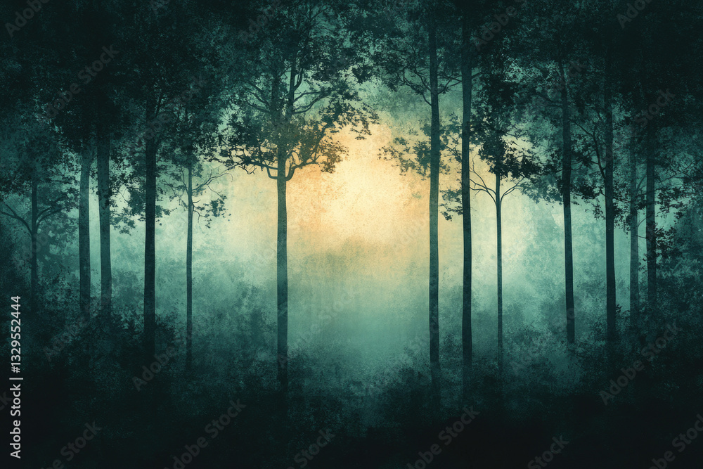 Enigmatic forest scene at dawn, trees silhouetted against a soft, ethereal light. Enigmatic forest scene at dawn, trees silhouetted against a soft, ethereal light.