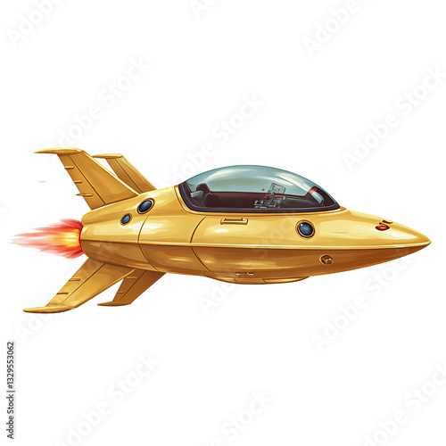 retro-futuristic ilustration of a yellow spaceship with a glass bubble cockpit