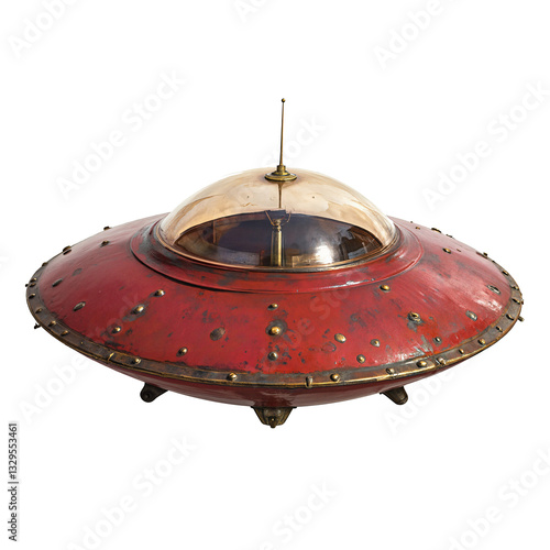 retro-futuristic ilustration of a red metal flying saucer with a glass bubble cockpit