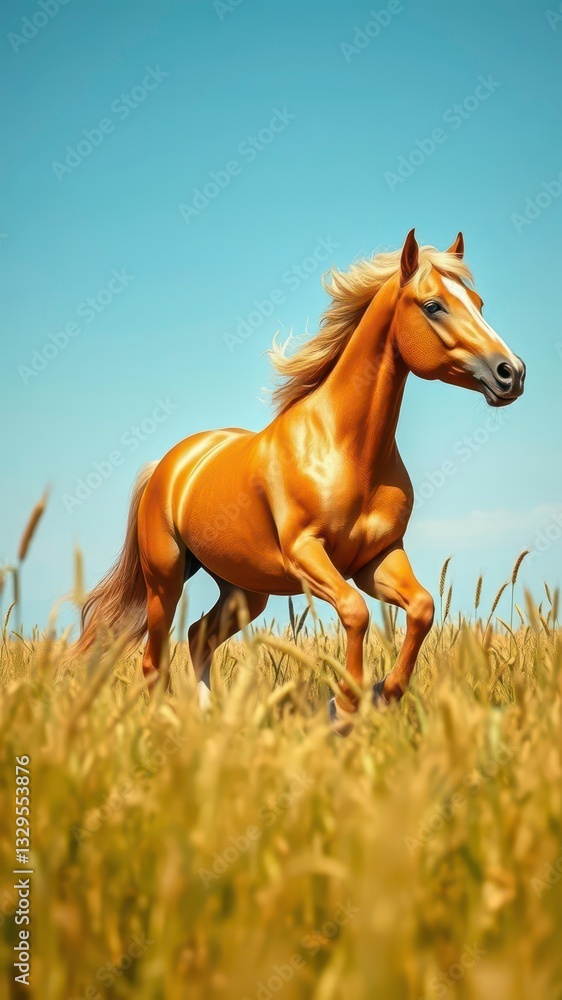 Golden Horse with Flowing Mane Running Through a Field of Tall Wheat Under a Blue Sky Golden Horse with Flowing Mane Running Through a Field of Tall Wheat Under a Blue Sky