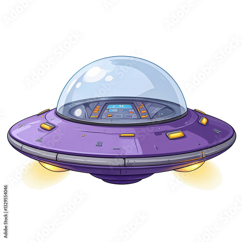 retro-futuristic ilustration of a purple flying saucer with a glass bubble cockpit