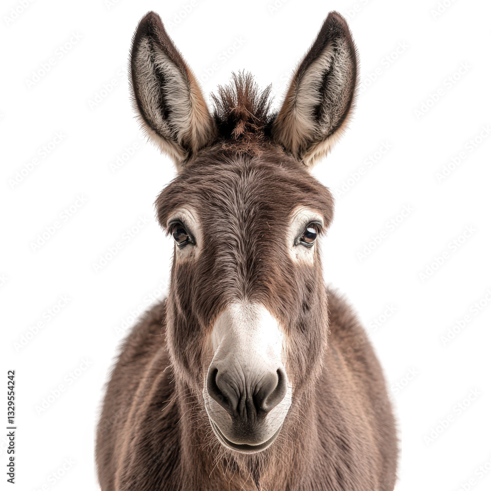 Fototapeta premium donkey's face showcasing its expressive features and large ears against a white background. animal's friendly demeanor and detailed fur texture