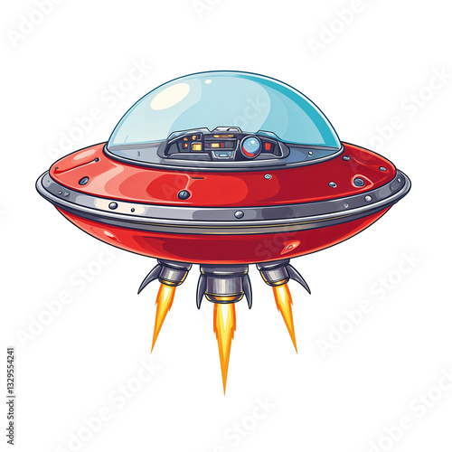 retro-futuristic ilustration of a red flying saucer 
