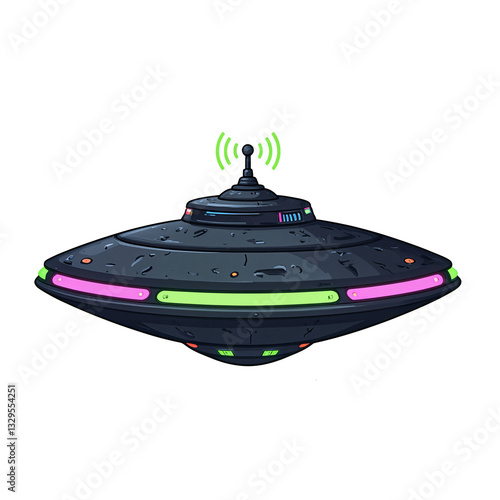 retro-futuristic ilustration of a black flying saucer with green and magenta lights and an antenna