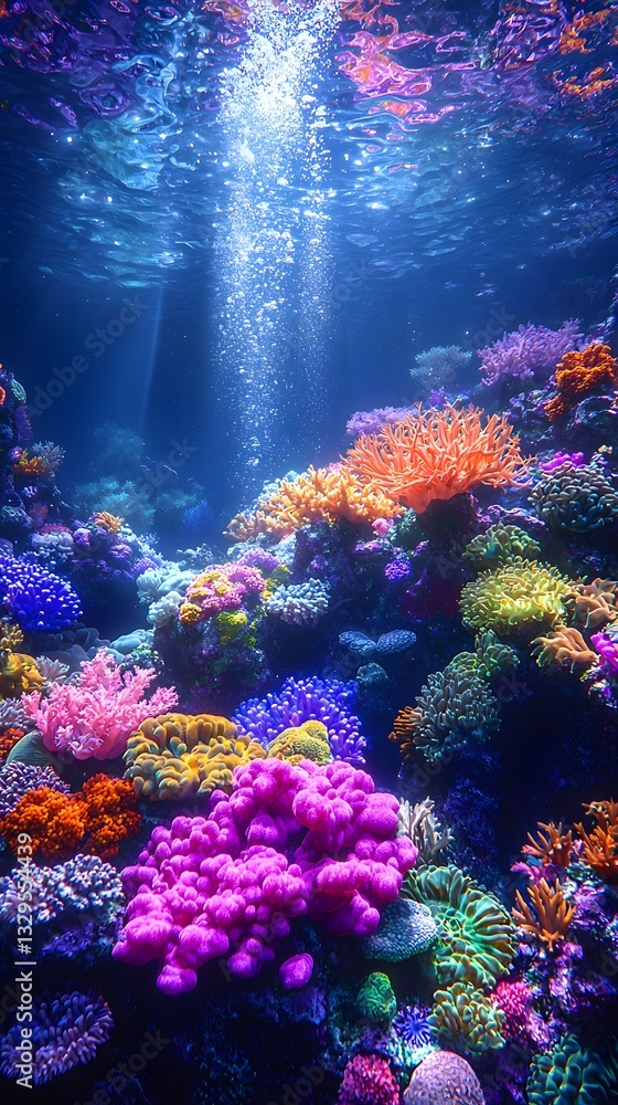 Fototapeta premium Vibrant Bioluminescent Coral Reef Underwater Seascape with Glowing Marine Life