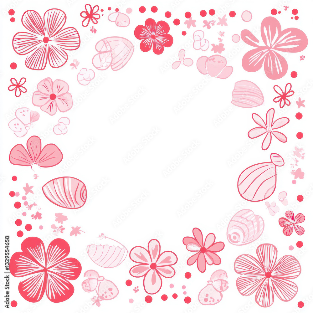 Floral border design featuring pink flowers, shells, and butterflies, creating cheerful and vibrant frame for various uses. Perfect for invitations or decorative backgrounds