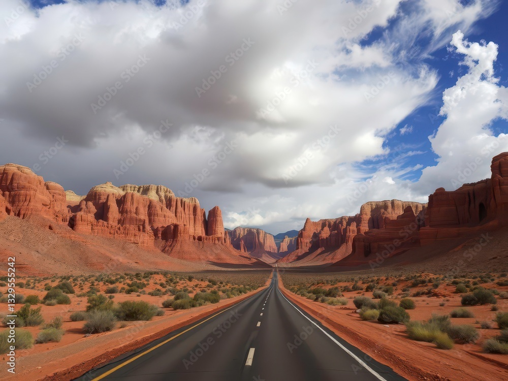 Desert Road Leading into the Red Rocky Mountains with Dramatic Clouds Desert Road Leading into the Red Rocky Mountains with Dramatic Clouds