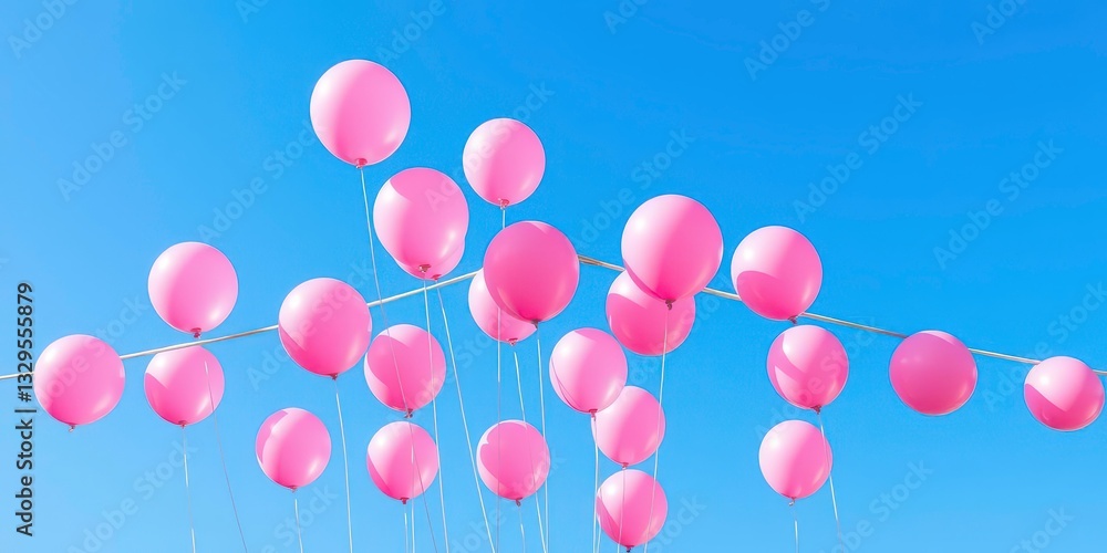 Pink Balloon Decoration Floating Against a Clear Blue Sky for a Festive Celebration Pink Balloon Decoration Floating Against a Clear Blue Sky for a Festive Celebration