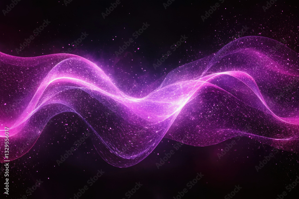 Fototapeta premium Abstract cosmic wave, purple and pink energy flow in dark space, glittering particles.
