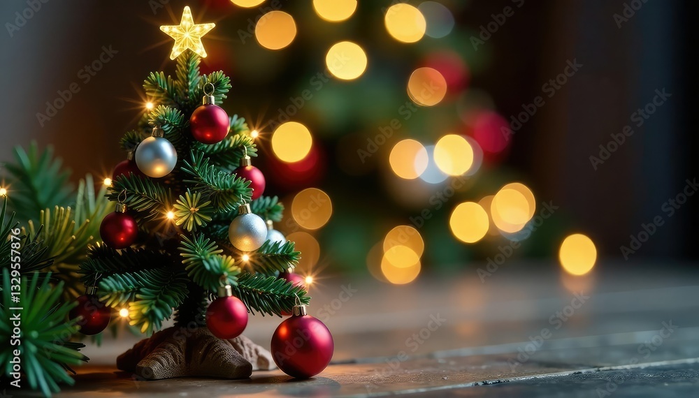 Ornate, miniature Christmas tree with sparkling lights and ornaments, twine, Christmas, holiday Ornate, miniature Christmas tree with sparkling lights and ornaments, twine, Christmas, holiday