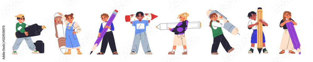 Set of tiny children with big stationery. Happy kids writing with huge pen, drawing with pencil, crayon. Creative students hold large highlighter, chalk. Flat isolated vector illustrations on white. Set of tiny children with big stationery. Happy kids writing with huge pen, drawing with pencil, crayon. Creative students hold large highlighter, chalk. Flat isolated vector illustrations on white.