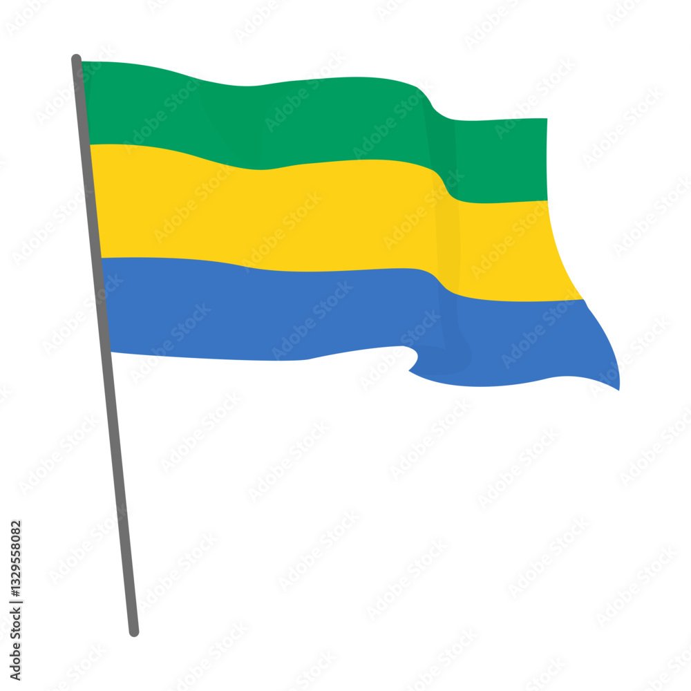Obraz premium Flag Gabon fluttering. Official flag Gabon flies on flagpole. Independence Day. Banner, flyer, poster template. National flag Gabon with coat arms. Wavy flag Gabon.