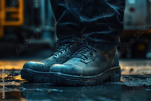 Heavy Duty Steel Toe Work Boots in Industrial Setting with Dramatic Lighting Highlighting Safety Features and Professional Quality