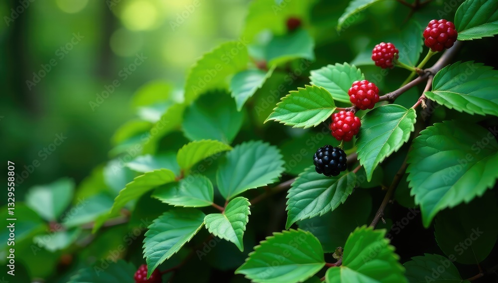 Overgrown blackberry vine with green leaves and red berries, wilderness, undergrowth Overgrown blackberry vine with green leaves and red berries, wilderness, undergrowth