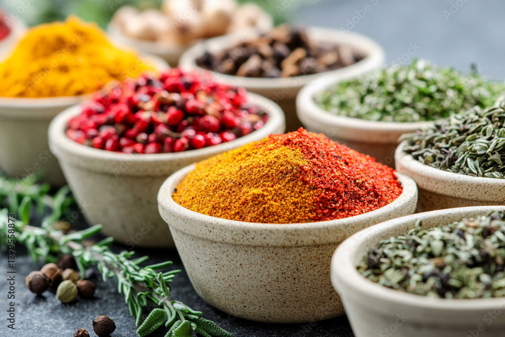 Spices and herbs in cups. colorful seasonings wallpaper Spices and herbs in cups. colorful seasonings wallpaper