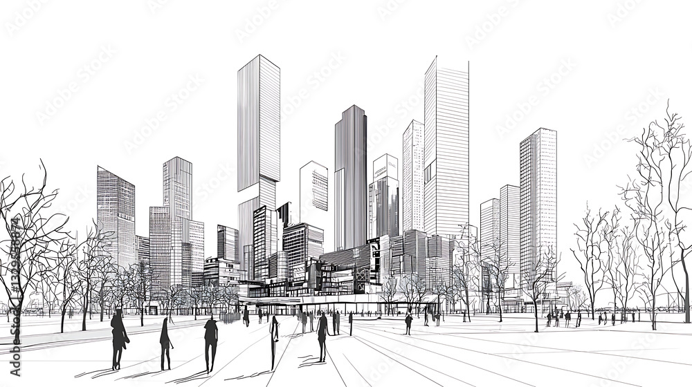 Fototapeta premium Modern City Skyline Line Drawing