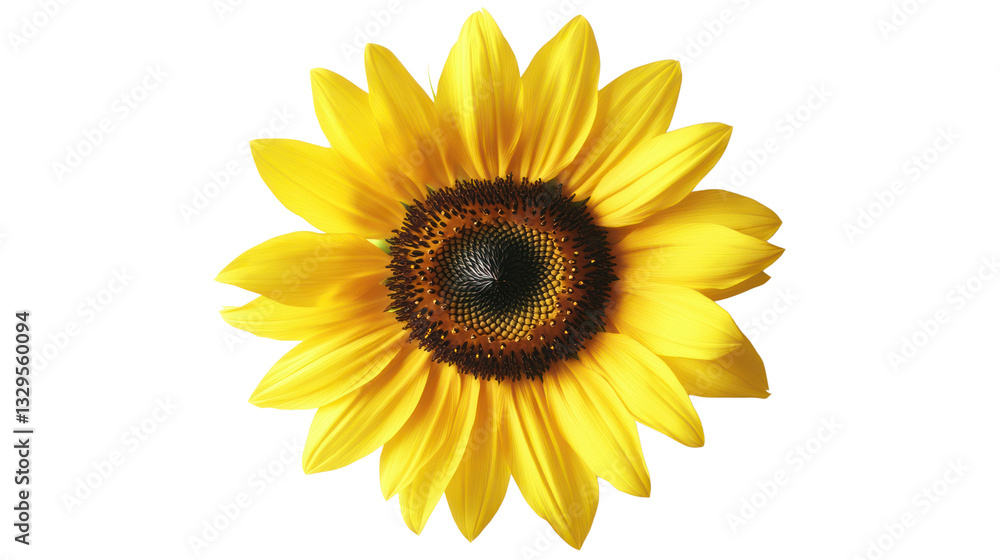 A vibrant sunflower with bright yellow petals and a dark center, isolated on a white background. A vibrant sunflower with bright yellow petals and a dark center, isolated on a white background.