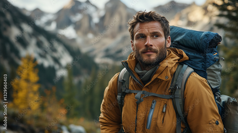 man hiking in scenic mountain landscape with backpack man hiking in scenic mountain landscape with backpack