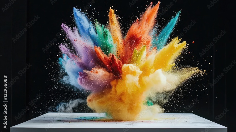 Fototapeta premium A powerful burst of rainbow-colored Holi powder exploding dramatically against black.
