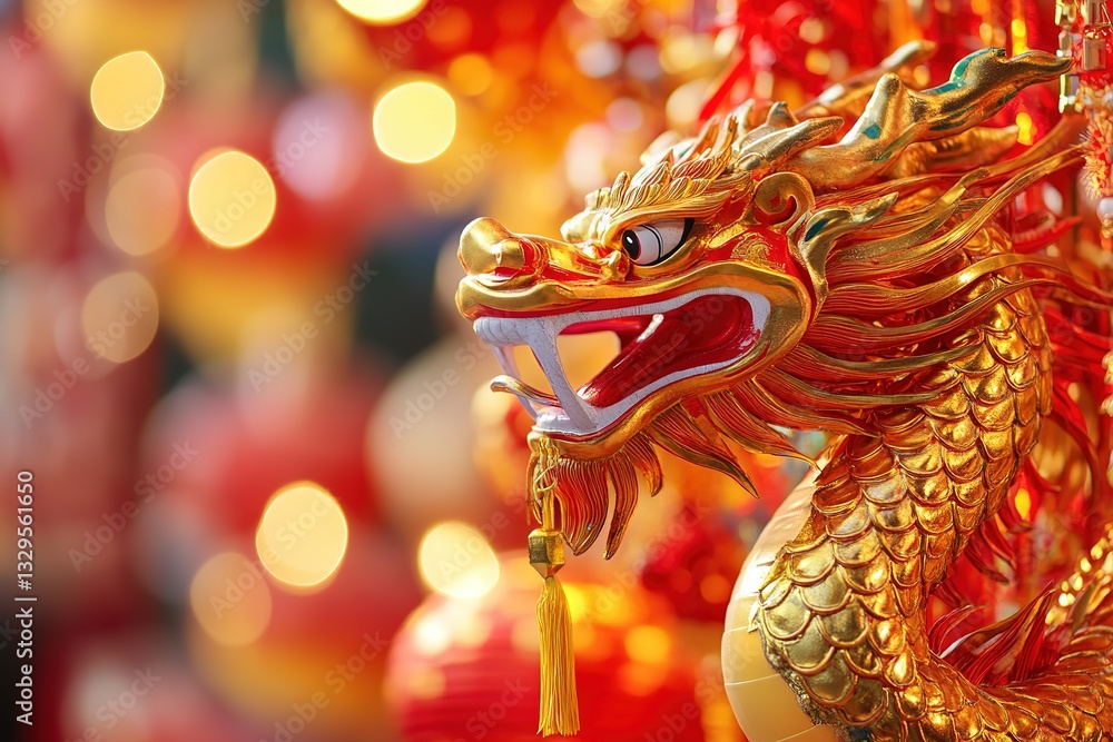 Fototapeta premium A gold dragon with red eyes and a red mouth is sitting on a table