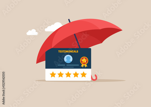 Testimonial card under umbrella. Testimonials client review, customer praise or opinion or feedback giving 5 stars rating, message or positive comment, quality service. Flat vector illustration