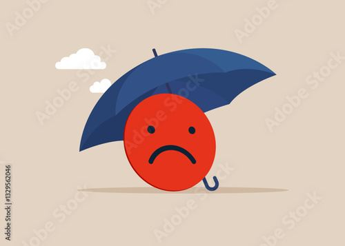 Wicked emoji under umbrella. Manage blame, pressure, failure or mistake.  Negative reviews, bad reputation, low ratings. Flat vector illustration