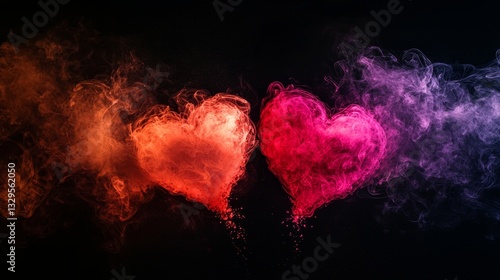 Surreal hearts formed by colorful neon smoke, soft glowing puffs of red and pink mist, isolated on black, magical Valentine's mood