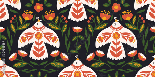 Seamless Folk Art Pattern with Stylized Birds and Floral Motifs in Traditional Scandinavian Style on Dark Background