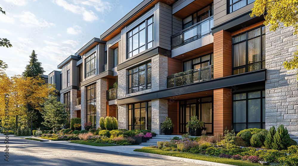 Fototapeta premium A close-up view of a modern building facade featuring large windows and natural stone details under bright sunlight