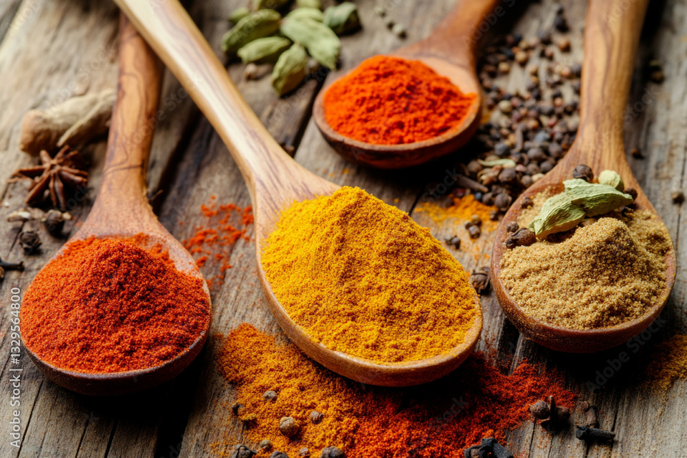 Aromatic Spice Symphony: A captivating still life of vibrant spices scattered across rustic wooden planks, with wooden spoons filled with various powders and whole spices. The warm, inviting tones cre Aromatic Spice Symphony: A captivating still life of vibrant spices scattered across rustic wooden planks, with wooden spoons filled with various powders and whole spices. The warm, inviting tones cre