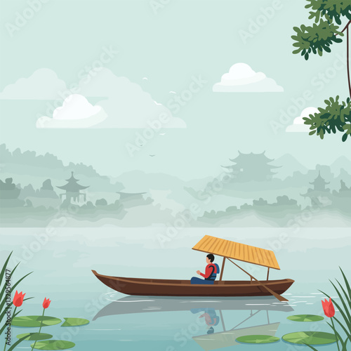 Boating on Calm Lake with Asian Pagodas and Mountain Backdrop