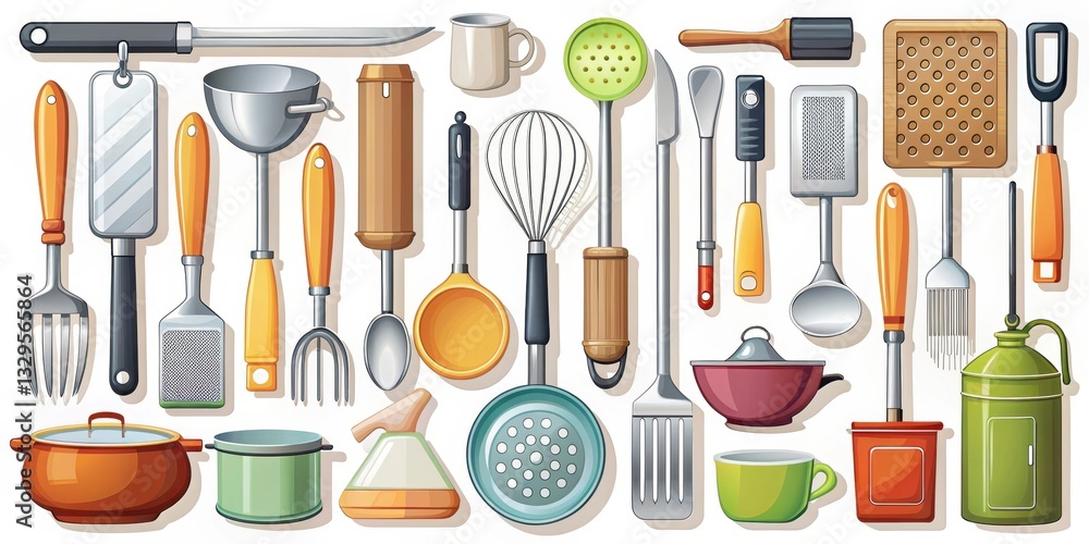 Illustration of a kitchen utensil icon set with various food items and cooking tools, cooking symbols, kitchen icons Illustration of a kitchen utensil icon set with various food items and cooking tools, cooking symbols, kitchen icons