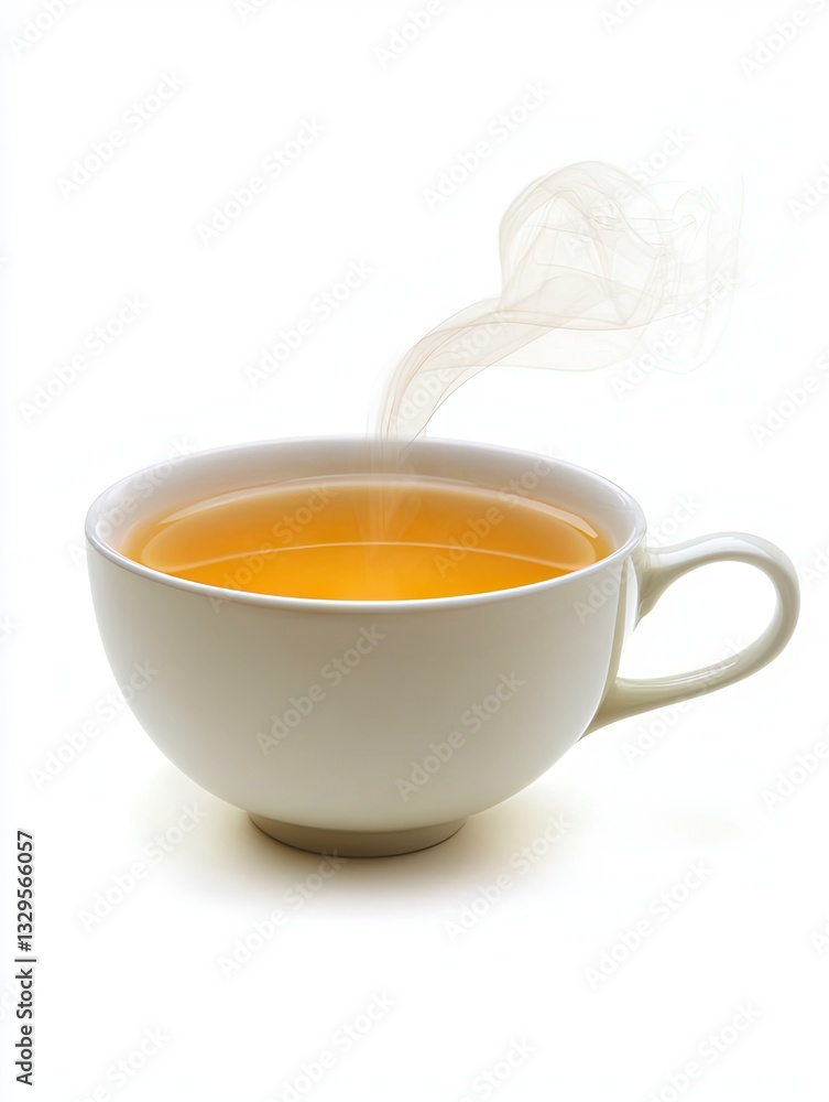Hot tea cup steaming, white background, relaxation Hot tea cup steaming, white background, relaxation