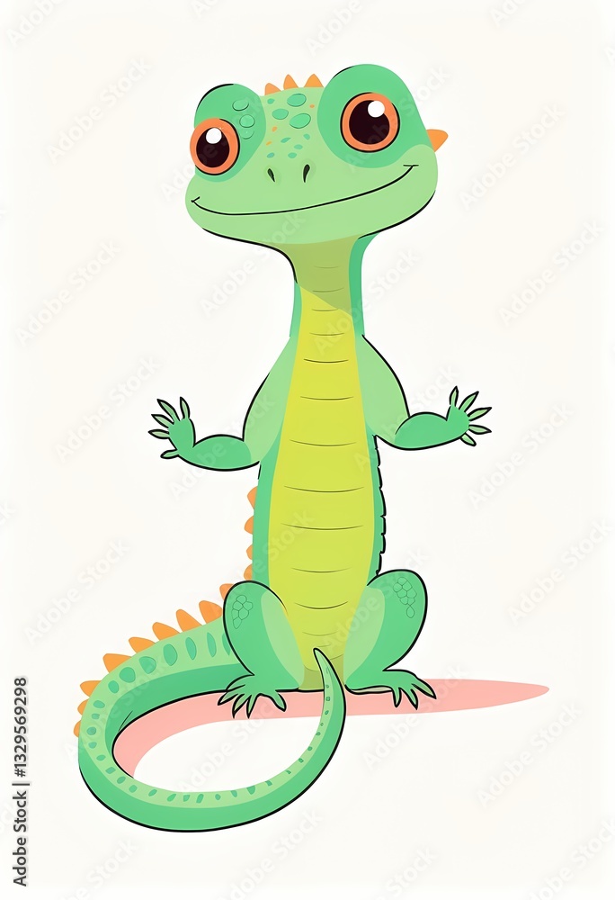 Fototapeta premium Cartoon Lizard Illustration an illustration of a friendly cartoon lizard, depicted with a bright green body and a cheerful expression. The lizard is shown sitting with its arms outstretched, featuring