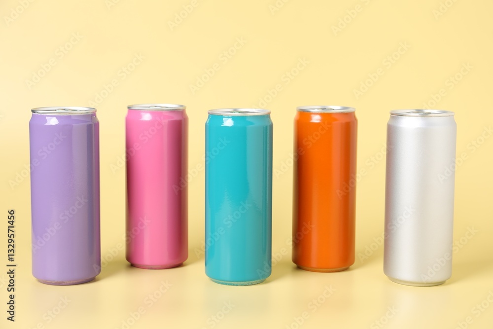 Many colorful tin cans on beige background Many colorful tin cans on beige background