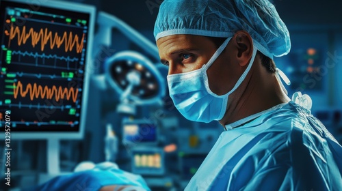 Anesthesiologist monitoring patient in OR, digital vitals displayed on screen, professional medical environment, detailed hospital setting, focused expression