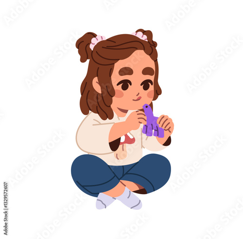 Happy little girl creates figure from clay. Funny kid sculpts with plasticine. Cute kid holds animal shape toy in hands. Development of fine motor skills. Flat isolated vector illustration on white.