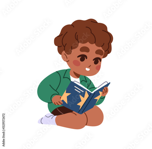 Cute black child holds paper book in hands. Happy little boy reading fairy tale, story. Funny kid learning literature. Preschool education. Flat isolated vector illustration on white background.