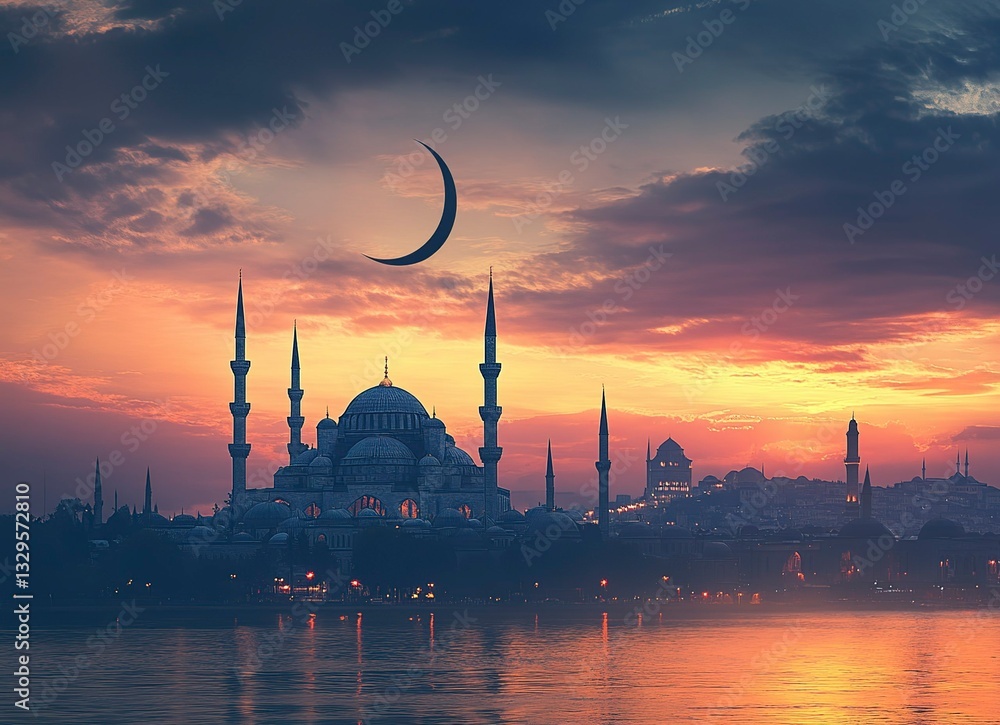 Fototapeta premium Silhouette of a mosque with a crescent moon and cityscape against a sunset sky background, Ramadan Kareem concept. Illustration, vector illustration design. Stock photo, 2/3 space for text, stock phot
