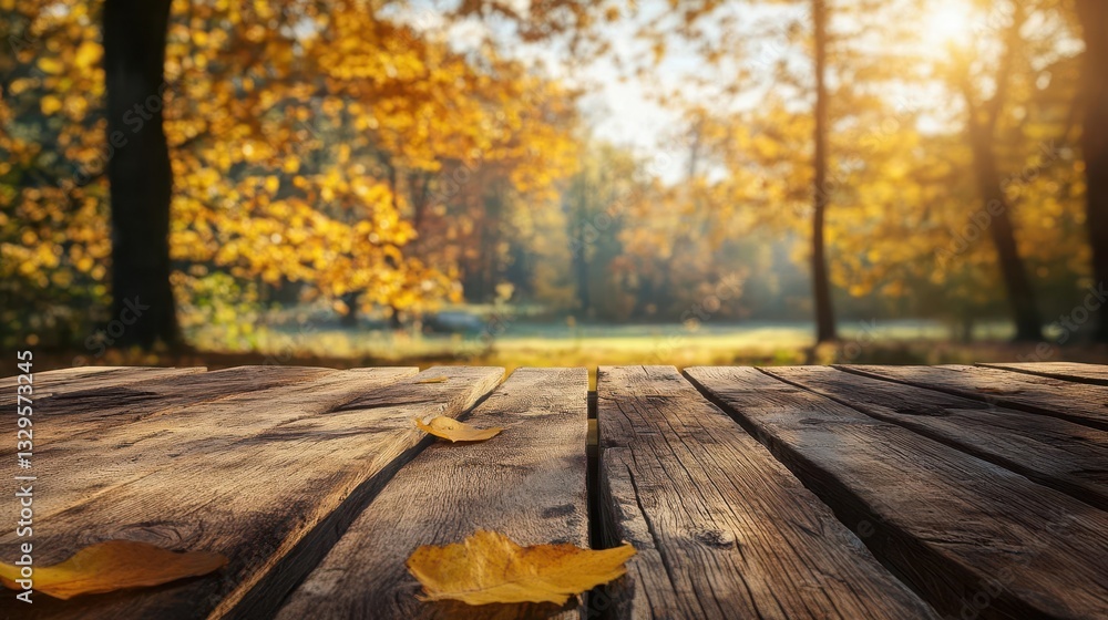 Rustic Wood Table Set in a Vibrant Autumn Landscape with Expansive Empty Space Perfect for Premium Product Display and Marketing Rustic Wood Table Set in a Vibrant Autumn Landscape with Expansive Empty Space Perfect for Premium Product Display and Marketing