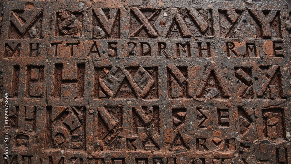 Ancient inscriptions carved into stone, showcasing unique symbols and characters of a forgotten civilization. Ancient inscriptions carved into stone, showcasing unique symbols and characters of a forgotten civilization.