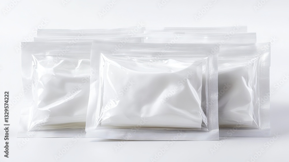 A set of wet wipe packages placed against a white background A set of wet wipe packages placed against a white background